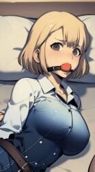 ai_generated ball_gag bed belt big_breasts blonde_hair bondage cha_hae_in gagged head_on_pillow long_sleeve_shirt long_sleeves looking_at_viewer pillow red_ball_gag shirt short_hair solo_leveling tied_up