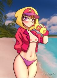 beach bikini_bottom brawl_stars breasts brown_hair max_(brawl_stars) pink_eyes streetwear_max