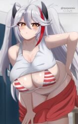 1girls absurd_res azur_lane bar_censor big_breasts bikini breasts censored clothed clothing female female_only hi_res human iron_blood_(azur_lane) large_breasts licking_penis light-skinned_female light_skin long_hair looking_at_viewer manesonic mostly_nude orange_eyes prinz_eugen_(azur_lane) solo standing twintails white_hair