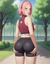 1girls adapted_costume ai_generated anime_style ass ass_focus ass_grab athletic athletic_female bangs bare_legs bare_shoulders big_ass big_breasts bike_shorts bob_cut boruto:_naruto_next_generations breasts breasts_out crop_top curvaceous female female_only fit fit_female grabbing_ass grabbing_own_ass green_eyes gym_uniform huge_ass looking_at_viewer looking_back mature mature_female milf nai_diffusion naruto naruto_(series) naruto_shippuden neofake novelai open_clothes parted_bangs petite petite_body pink_hair presenting presenting_ass revealing_clothes sakura_haruno shoulder_length_hair sidelocks skimpy skimpy_clothes smile solo solo_focus sports_bra stable_diffusion tight_clothing uchiha_symbol voluptuous workout_clothes