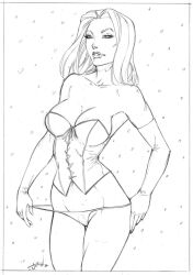 big_breasts black_and_white breasts corset curvy curvy_female emma_frost female female_only hellfire_club hourglass_figure jeanartes marvel marvel_comics panties pulling_panties teasing traditional_art traditional_media_(artwork) white_queen x-men