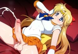 1futa ai_generated balls bishoujo_senshi_sailor_moon blonde_hair blue_eyes clothed clothing cum cumshot dickgirl ejaculating_cum ejaculation erect_penis erection futa_only futa_sans_pussy futanari intersex kame_g large_penis long_hair long_penis minako_aino penis sailor_venus scrotum skirt small_breasts solo_futa testicles uncensored veiny_penis