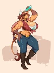 1girls anthro big_breasts big_ears bovid bovine braid brown_body brown_hair cleavage closed_eyes cow_horns cow_tail cowgirl_outfit female female_only floppy_ears freckles full_body hi_res horns las_lindas long_hair mora_linda muscular muscular_female necklace nedoiko solo tail tail_tuft thick_thighs