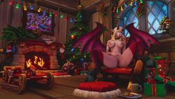 blizzard_entertainment blonde_hair blue_eyes christmas christmas_tree detailed_background elf_ears glowing_eyes hooves horns lidcarter masturbating masturbation milk_and_cookies succubus succubus_(warcraft) world_of_warcraft