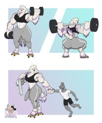 1ceberg absurd_res anthro ass avian barbell big_butt big_pecs bird bodily_fluids bottomwear bra bulge clothing comic dumbbell duo erection exercise genital_fluids hi_res holding_arm leaking_precum male muscular owl pants pecs precum raised_tail solo sports_bra standing sweatpants tail thick_thighs tight_clothing topwear towel tube_top underwear weightlifting weights wide_hips workout