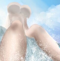 faceless_character faceless_female giant_breasts giantess headless macro_female micro_perspective mini_giantess naked_female sitting_on_water soryuu tall_female taller_girl waterfall wet