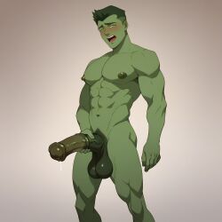 ai_generated animal_genitalia animal_penis balls bara beast_boy_(young_justice) big_balls big_penis blush enjoyerai erection garfield_logan horsecock male male_nipples male_only muscular_male nipples nude penis young_justice:_outsiders young_justice:_phantoms