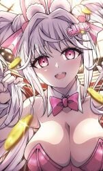 1girls alice_(nikke) alice_(wonderland_bunny)_(nikke) breasts bunny_ears bunnysuit cleavage female_only goddess_of_victory:_nikke open_mouth pink_eyes twintails upper_body upper_teeth white_hair