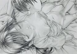 1boy amano_hina_(tenki_no_ko) bra bra_pull breast_sucking breasts closed_eyes clothes_pull female fingering greyscale katsu_(24791909) lying marker_(medium) monochrome morishima_hodaka_(tenki_no_ko) nipples on_back open_clothes open_mouth open_shirt saliva short_hair small_breasts straddling straight tenki_no_ko traditional_media underwear