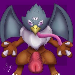 3_eyes absurd_res anthro avian beak dragon_quest dragon_quest_vi fluffy_chest genitals gryphon hi_res jamirus long_tongue male multi_eye mythological_avian mythological_creature mythology penis presenting presenting_penis solo square_enix tongue tongue_out vulpine_corvid wings