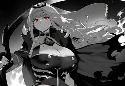 ai_generated big_breasts black_and_white cleavage henrik_n hololive hololive_english large_breasts long_hair mori_calliope neutral_expression red_eyes scythe virtual_youtuber