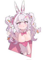 1girls alice_(nikke) alice_(wonderland_bunny)_(nikke) blush breasts bunny_ears bunnysuit cleavage female_only from_above goddess_of_victory:_nikke open_mouth pink_eyes twintails upper_teeth white_background white_hair