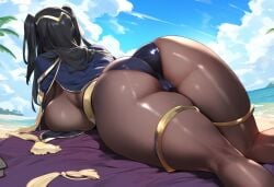 ai_generated ass ass_focus beach black_hair cloud fire_emblem fire_emblem_awakening full_bodystocking goth_slut huge_ass huge_breasts ocean tagme tharja_(fire_emblem) tharkica