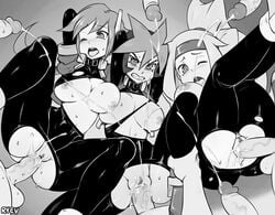 3girls 6+boys aile ashe_(megaman_zx) atlas_(megaman) bukkake capcom clothed_female_nude_male clothed_sex cum cum_in_pussy cum_on_body cum_on_breasts dark_ryev exposed_breasts exposed_pussy faceless_male facial gangbang human inti_creates mega_man mega_man_zx mega_man_zx_advent monochrome offscreen_character orgy reploid ryev sex torn_bodysuit torn_clothes vaginal_penetration wince