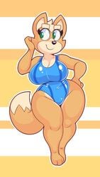 acstlu big_breasts breasts cleavage female female_only fox fox_ears fox_mccloud fox_tail furry green_eyes hand_on_head hand_on_hip large_breasts looking_to_the_side nintendo rule_63 smile star_fox swimsuit tail thick_thighs thighs wide_hips zero_suit_fox