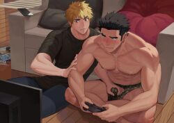 2boys application_(dougumo) blushing dainyu_dougumo dainyuu_(dgls) dgls embarrassed gay grabbing_penis incest male male_only muscular_male playing_videogame shirtless shorts uncensored yaoi yuugo_(application)