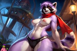 1girls ai_generated anthro breasts female furry genderswap_(mtf) indigo_park leaning outdoors panties procyonid purple purple_hair raccoon rambley_(indigo_park) rule_63 rxmurloc34 tail underwear yiff