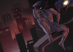 5_fingers 5_toes absurd_res animal_head avian balls beak biped building city city_background feet fingers flaccid for_a_head foreskin fumikage_tokoyami genitals hi_res humanoid humanoid_genitalia humanoid_penis male muscular muscular_male my_hero_academia nude penis pubes toes tush tush_(artist) vein