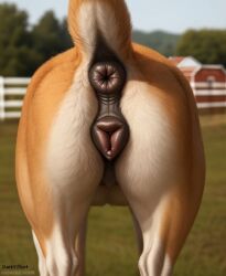 1girls ai_generated anatomically_correct anatomically_correct_anus anatomically_correct_genitalia anatomically_correct_pussy anus canine canine_genitalia canine_pussy darkeffect farm female_only feral furry looking_back outdoors presenting_hindquarters puffy_anus pussy rear_view