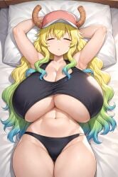 ai_generated bare_legs blonde_hair closed_eyes dragon_girl dragon_horns evodubeai gigantic_breasts horn horns huge_breasts kobayashi-san_chi_no_maidragon light-skinned_female light_skin massive_breasts mature_female miss_kobayashi's_dragon_maid multicolored_hair panties quetzalcoatl_(dragon_maid) sleeping tank_top thick_thighs thighs voluptuous voluptuous_female