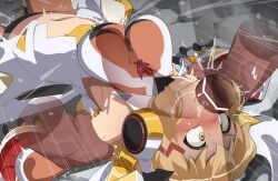 1boy absurdres bar_censor blonde_hair blush breasts censored deepthroat erection fellatio female forced forced_oral highres large_breasts lying mizumizuni navel on_back oral penis senki_zesshou_symphogear solo_focus stomach_bulge straight sweat tachibana_hibiki_(symphogear) throat_bulge veins veiny_penis yellow_eyes