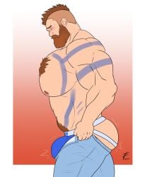 1boy bara barodityarts beard big_bulge blue_underwear blush bulge chest_hair chest_tuft clothing facial_hair gay hairy_chest jockstrap male male_nipples male_only male_pubic_hair muscular_male nipples oc original_character pants penis_outline solo solo_focus solo_male tattoo tight_pants_(meme) underwear