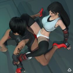 2girls 3d 3d_(artwork) 3d_model anoral athletic_female catfight crossover faith_connors fight fighting final_fantasy final_fantasy_vii long_hair mirror's_edge mirror's_edge_catalyst short_hair tattoo tifa_lockhart wrestling yuri