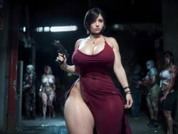 1girls ada_wong ai_generated alternate_body_type asian asian_female background_characters big_breasts black_hair blood blurred_background capcom curvy_female depth_of_field detailed_background dress_slit earrings female firearm going_commando gun hip_bones hips holding_object holding_pistol huge_breasts light-skinned_female light_skin looking_at_viewer love_handles no_panties paintwithmind pantyless pistol ranged_weapon red_dress resident_evil side_slit standing thick thick_thighs thighs tight_dress undead voluptuous voluptuous_female wide_hips zombie zombie_girl