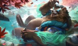 2025 ambient_monkey anthro bara bear belly big_belly big_muscles big_pecs big_penis blue_eyes bottomless bottomless_male brown_body brown_fur clothed clothing detailed_background erection fur genitals genjiro glowing glowing_eyes group hi_res hot_spring humanoid_genitalia humanoid_penis league_of_legends looking_at_viewer male mammal musclegut muscles muscular nude_edit open_clothing open_mouth open_smile open_topwear overweight overweight_anthro overweight_male partially_submerged pecs penis plant pseudo_eyebrows public public_nudity reclining riot_games robe smile solo_focus spread_legs spreading stocky tencent thick_penis third-party_edit topwear tree volibear water wet wet_penis yaoi