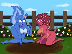 2girls anthro bush bushes curvy curvy_female curvy_figure flaky_(htf) flower flowers furry happy_tree_friends hedgehog hedgehog_girl naked petunia_(htf) raviskunk skunk skunk_girl skunk_tail tagme