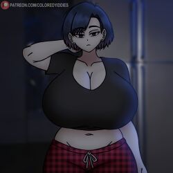 black_top black_topwear checkered_legwear coloredyiddies huge_breasts lei_(coloredyiddies) sleepwear sleepy tired_expression tired_eyes tired_look woken_up