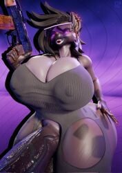 2024 3d_(artwork) anthro areola_outline artist_name big_penis biped breasts cleavage cleavage_overflow clothed clothing digital_media_(artwork) ear_piercing english_text erection eyewear genesis_(doggod.va) genitals glasses gun gynomorph hair herm_(lore) hi_res huge_cock hyena hyper hyper_genitalia hyper_penis intersex looking_at_viewer mammal nipple_outline open_mouth penis piercing ranged_weapon short_hair skimpy solo text vein veiny_penis vympel weapon