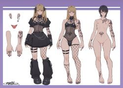 1boy ankle_tattoo arm_tattoo arms_at_sides barefoot belt black_belt black_hair black_ribbon black_skirt blonde_hair boots border bulge censored closed_mouth collar collarbone completely_nude crossdressing detached_collar ear_piercing earrings femboy fingerless_gloves fishnet_thighhighs fishnets forked_tongue frilled_collar frilled_skirt frilled_sleeves frills full_body gloves hair_ribbon heart heart_censor jewelry leg_warmers leotard long_hair looking_at_viewer male_focus multiple_rings multiple_tattoos nail_polish navel navel_piercing nipples nude original otoko_no_ko penis piercing platform_boots platform_footwear puffy_short_sleeves puffy_sleeves purple_border purple_eyes reference_sheet ribbon ribs ring rokuzukeita see-through see-through_leotard shiny_clothes short_hair short_sleeves shoulder_tattoo signature skirt standing stomach_tattoo tattoo thigh_strap thighhighs thighs tongue white_background wide_hips wig wrist_tattoo