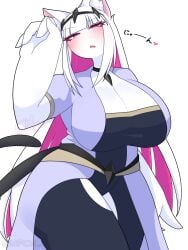big_breasts blush breasts cat_ears cat_tail catgirl crown fnf_entity friday_night_funkin friday_night_funkin_mod japanese_text mommy nfch_05054 nikusa_(sugarratio) pink_eyes pink_hair white_body white_hair