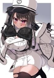 1girls azur_lane black_bra black_gloves black_hair blush bra bra_removed cap clothed clothing female female_only gloves hat holding_bra holding_object inviting licking_lips light-skinned_female light_skin mikage_kmg0202 military military_hat military_uniform northern_parliament_(azur_lane) pamiat_merkuria_(azur_lane) pink_eyes seductive solo