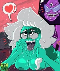 2girls breast_press breasts cartoon_network gem_(species) gem_fusion heart huge_breasts malachite_(steven_universe) multiple_girls nipples nude nude_female open_mouth ounpaduia penetration sex smile speech_bubble steven_universe strap-on sugilite_(steven_universe) tongue tongue_out yuri