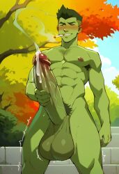 abs ai_generated balls bara beast_boy beast_boy_(young_justice) big_balls big_penis dc dc_comics garfield_logan gay green_eyes green_hair green_skin ilovementits male male_focus male_only muscular muscular_male naked nipples nude pecs penis yaoi young_justice