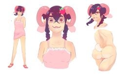 anthro ass bovid braided_hair breasts caprine clothing corablue digital_media_(artwork) dress female food footwear fruit goat hair hi_res horizontal_pupils horn jam_(corablue) looking_at_viewer mammal nude pink_clothing plant pupils shoes simple_background smile solo strawberry sundress white_background