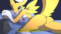 absurd_res ando anthro bandai_namco bed burger canid canine digimon digimon_(species) eating female food fries fur furniture hi_res mammal presenting renamon solo white_body white_fur yellow_body yellow_fur