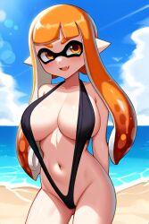 aged_up ai_generated beach big_breasts inkling inkling_girl kaori_(splatoon) sling_bikini sling_swimsuit slingshot_bikini slingshot_swimsuit smile splatoon splatoon_(series)