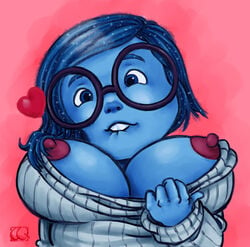 big_breasts blue_eyes blue_hair blue_skin breast disney enf-lover erect_nipples female female_focus female_only glasses inside_out nipples pixar presenting_breasts puffy_nipples sadness_(inside_out) seductive shirt_down shortstack solo solo_focus