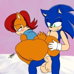 1boy 1girls big_ass big_butt blush canon_couple clothed_female_nude_male clothed_sex clothing color dat_ass female girl_on_top looking_up male male/female moonstar_art red_hair sally_acorn sega sex sonic_(series) sonic_the_hedgehog sonic_the_hedgehog_(series) straight vaginal_penetration veiny_balls veiny_penis