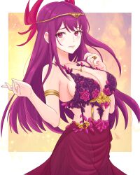 1girls absurdres alternate_costume blush breasts cleavage female female female_only fire_emblem fire_emblem_engage flower highres ivy_(fire_emblem) jewelry large_breasts long_hair looking_at_viewer nintendo pelvic_curtain purple_eyes purple_hair ring sideboob simple_background solo swimsuit truejekart