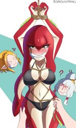 3girls black_bra black_panties blush blushing_at_viewer bondage bound boundlightning breasts female female_focus female_only fish_girl fishgirl gag gagged human humanoid looking_at_viewer mipha nintendo paya_(the_legend_of_zelda) princess_zelda submissive submissive_female tears_of_the_kingdom the_legend_of_zelda thighs tightening zelda_(tears_of_the_kingdom) zora