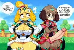 2025 absurd_res ai_generated animal_crossing anthro armwear balls big_balls big_breasts big_penis blonde_hair blush bodily_fluids breasts brown_eyes brown_hair canid canine canis cleavage clothed clothing cosplay crossover curvy_figure dialogue digby_(animal_crossing) digital_media_(artwork) domestic_dog dress duo english_text erection female floppy_ears fur futanari genital_fluids genitals gloves hair handwear hellsonger hi_res huge_cock humanoid_genitalia intersex isabelle_(animal_crossing) jewelry legwear male mammal markings mythra_(cosplay) nintendo outside penis plant precum pyra_(xenoblade)_(cosplay) shih_tzu speech_bubble text thick_penis thick_thighs toy_dog tree underwear unwanted_erection vein wide_hips yellow_body yellow_fur