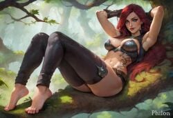 1girls ai_generated armpits arms_behind_head arms_up barefoot breasts cleavage earrings feet feet_together forest full_body gloves green_eyes jewelry katarina_du_couteau large_breasts league_of_legends legs lips long_hair looking_at_viewer lying midriff nature navel on_back outdoors pants philon red_hair scar scar_across_eye scar_on_face solo stable_diffusion tattoo thighhighs toes toned tree