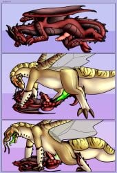 anal anal_sex arthropod atreius blush bodily_fluids buggutzz claws comic cum cum_inside digital_media_(artwork) dragon duo english_text erection feral genital_fluids genitals hi_res hybrid insects male male/male male_penetrated male_penetrating membrane_(anatomy) membranous_wings mythological_creature mythological_scalie mythology nightwing_(wof) paws penetration penis reptile scalie sex size_difference skywing_(wof) smile snout tail text tongue tongue_out wings wings_of_fire xarvax