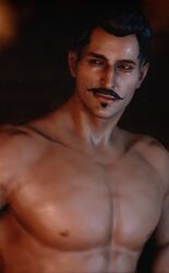 1boy 3d 3d_artwork 3d_model bara beauty_mark biceps black_hair close-up dark-skinned_male dark_hair dark_skin dorian_pavus dragon_age dragon_age_inquisition facial_hair gay_male human human_only mage male male_focus male_only mole moustache moustache muscles muscular muscular_male nipples pecs shirtless shirtless_male smile smiling solo solo_male video_games