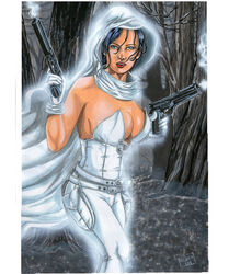 1girls belt big_breasts black_hair blue_eyes breasts busty cape cleavage corset curvaceous curvy dark_horse_comics dead_tree distracting_watermark dual_wielding elisa_cameron ethereal female female_only forest ghost ghost_(dark_horse_comics) ghost_girl gloves glowing_clothes gun guns hair_in_face holding_gun holding_object holding_weapon hood night no_bra no_bra_under_clothes oliver_lee pants pistol pouch red_lips red_lipstick short_hair signature smoking_gun solo superheroine tree trees voluptuous watermark white_belt white_clothes white_clothing white_corset white_gloves white_hood white_pants