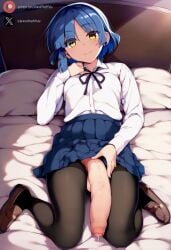 1futa ai_generated balls bedroom big_penis blue_eyes blue_hair blush bocchi_the_rock! clothed cock flaccid foreskin futa_only futa_sans_pussy futanari huge_cock indoors light-skinned_futanari light_skin looking_at_viewer lying_down on_bed penis precum roxygtf school_uniform short_hair solo uncensored yamada_ryou yellow_eyes